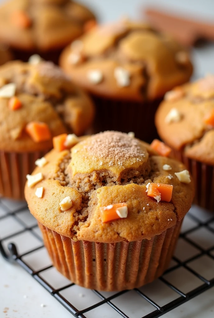 Create an image of this recipe: Carrot and Walnut Muffins Ingredients:

- Grated carrot: 100 g - Wholemeal flour: 100 g - Chopped walnuts: 30 g - Eggs: 2 units - Honey: 30 g - Coconut oil: 15 ml - Baking powder: 5 g - Cinnamon powder: 5 g
- Sal: 2 g Preparation:

1. Preheat the oven to 180°C and place muffin moulds on a tray..

2. In a large bowl, mix the whole wheat flour, baking powder, cinnamon and salt.

3. In another bowl, Beat the eggs with the honey and coconut oil. Add the grated carrot.

4. Add the dry ingredient mixture into the wet ingredients and mix well..

5. Add the chopped walnuts and mix gently..

6. Fill the muffin cups with the mixture and bake for 20-25 minutes., until a toothpick comes out clean.

7. Allow to cool before serving.

