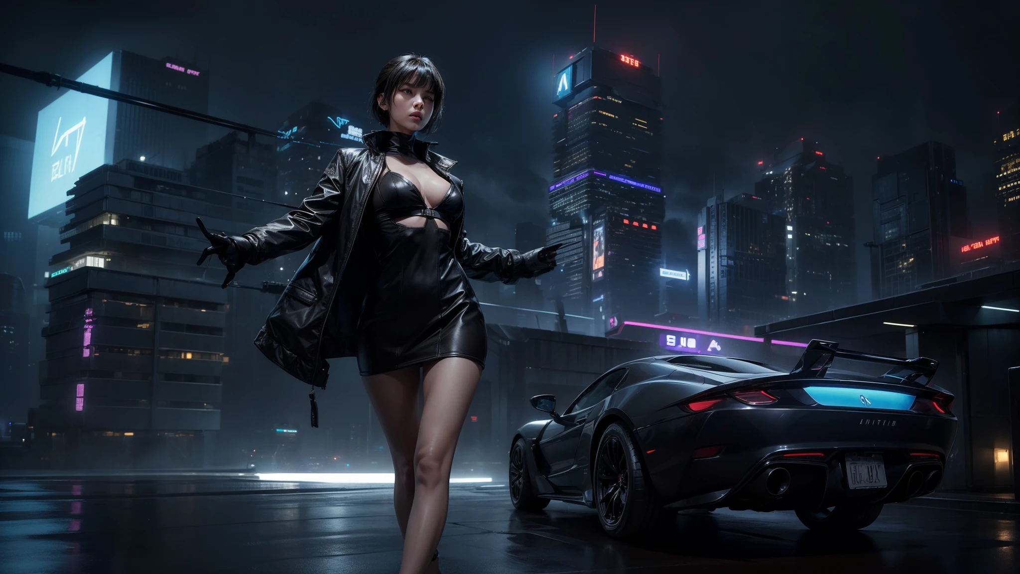 (Wide angle view). Blade Runner style futuristic city, simple outlined neon buildings, flying cars, lightning, 3d rendering Beeple. At night, (1girl, solo, alone), photorealistic, medium-breast slim:0.6 body, oval:0.5 face, cleavage:1.1, sexy black laced bra, deep-V, (low angle view of miniskirt), white laced panty, coat, (Matrix style black micro sunglasses), ((holding a short gun)), (slightly leaning forward running pose), (half-body thigh level close-up shot), cinematic lighting, ray tracing.