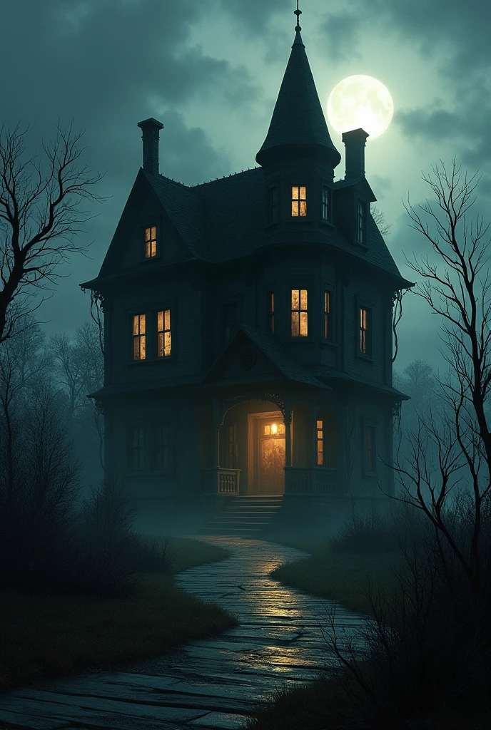 Measures a dark house with an evil figure inside the house looking