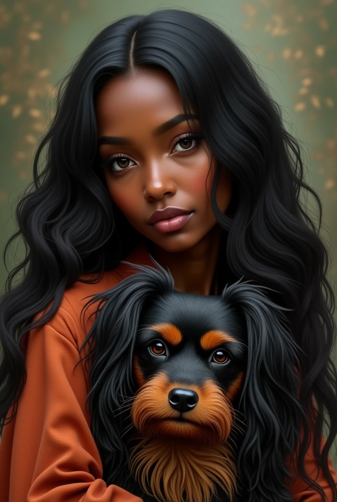 Dark-skinned woman with black brown hair and her long-haired, cute, brown and black pincher dog