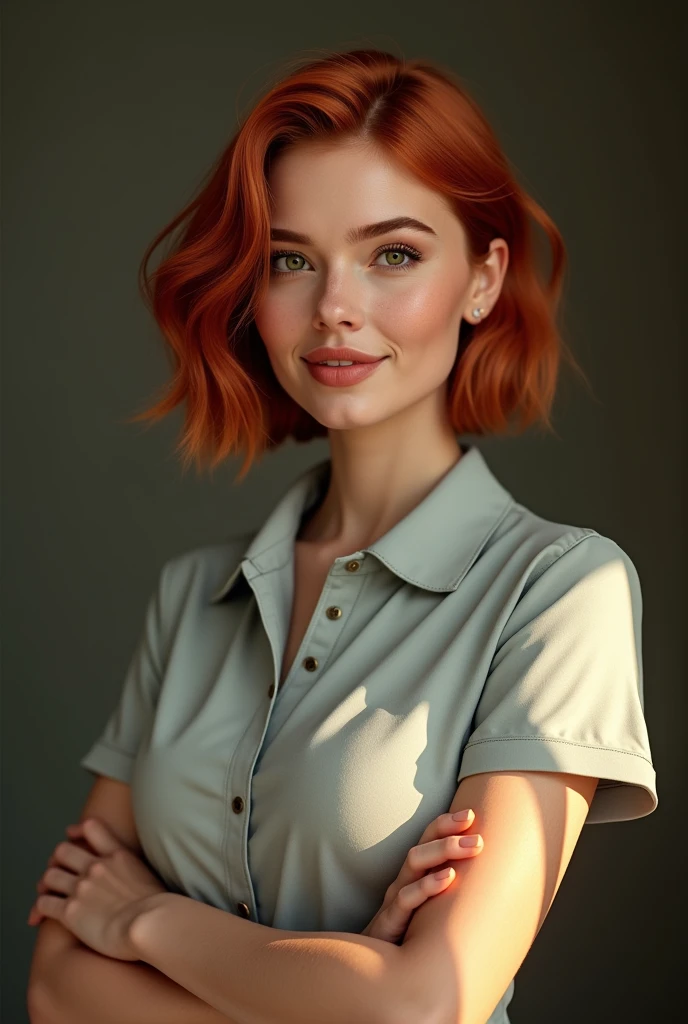 ((masterpiece, realist :1.3)), highly detailed, Rembrandt Lighting, ((fotorealist :1.2)), Best Quality, ((extremely detailed skin :1.3)), intricate details, ray tracing, Young and beautiful woman, 20 years, short red hair in cascading bob hairstyle, expressive green eyes, subtle and welcoming smile, oval face with delicate features, very pale skin with freckles and natural texture, slim figure with well-proportioned hips, dressed in a smart polo shirt, inviting you to schedule a consultation, professional attitude with a slightly sexy touch but without being suggestive, Warm and welcoming atmosphere, soft and dramatic lighting, cinematic style, 8k hd, high quality, Detailed and professional photography.