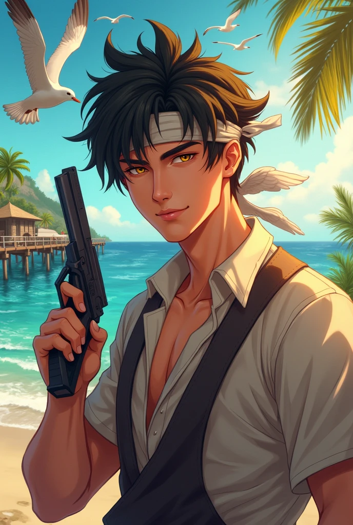 Fantasy style, Black Hair, pistol, tropical, Seagull, Looking at the audience, pier, Sea view, Sunlight, male, Smile, Headband, Honey-colored eyes