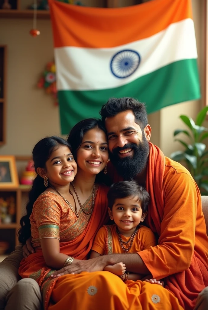 Indian Hindub family with Indian flag in background