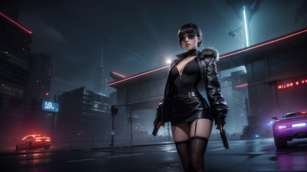 (Wide angle view). Blade Runner style futuristic city, simple outlined neon buildings, flying cars, lightning, 3d rendering Beeple. At night, (1girl, solo, alone), photorealistic, medium-breast slim:0.6 body, oval:0.5 face, cleavage:1.1, sexy black laced bra, deep-V, (low angle view of miniskirt), white laced panty, coat, (Matrix style black micro sunglasses), ((holding a short gun)), (slightly leaning forward running pose), (half-body thigh level close-up shot), cinematic lighting, ray tracing.