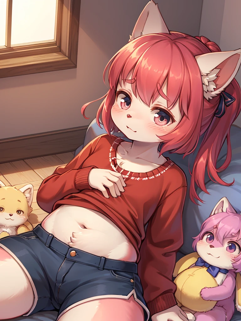 childish girl , playing with stuffed toys , coquettish , Cunning , Fascinating , Seducer , Naughty , innocent , Free-spirited , moist eyes , glossy lips , childish clothes , childish hair tie , Wonderful days , Show secretly , I can't take it anymore