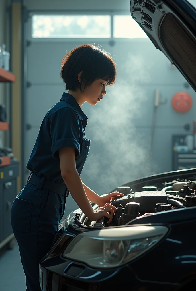 ((velocity)),Attacked by farts, (((Women farting))),(girl farting while change car engine oil),velocity,)(a female mechanic ),(wearing a mechanic clothing),(her butt facing screen)) (short blackhair),(Asian woman),(car repair shop),(masterpiece:1.2、top-quality, best-quality)、(the Extremely Detailed CG Unity 8K Wallpapers、ultra-detailed、Best Shadows)、(Detailed background)、(The best lighting、extremely delicate and beautiful)、depth of fields、1girl in、solo、upward looking gaze、