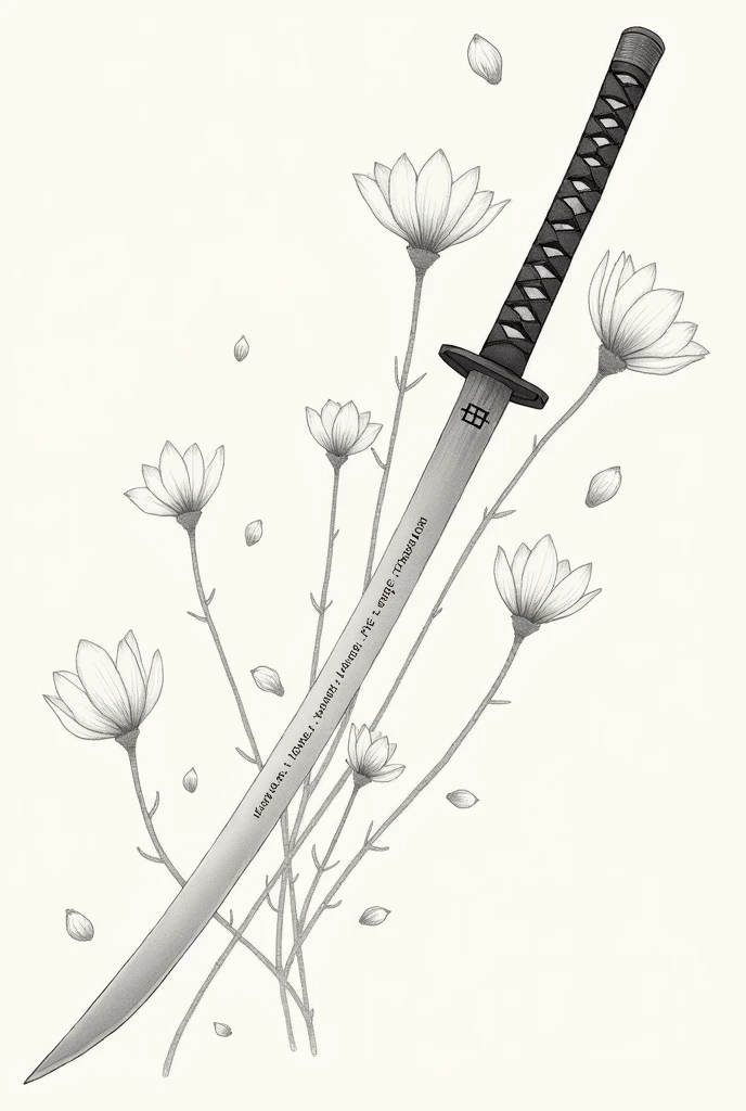A drawing of a katana with a legend written on the blade of the sword, Valentina&#39;s values, Loyalty, love, force, freedom and with straight flowers and flying petals