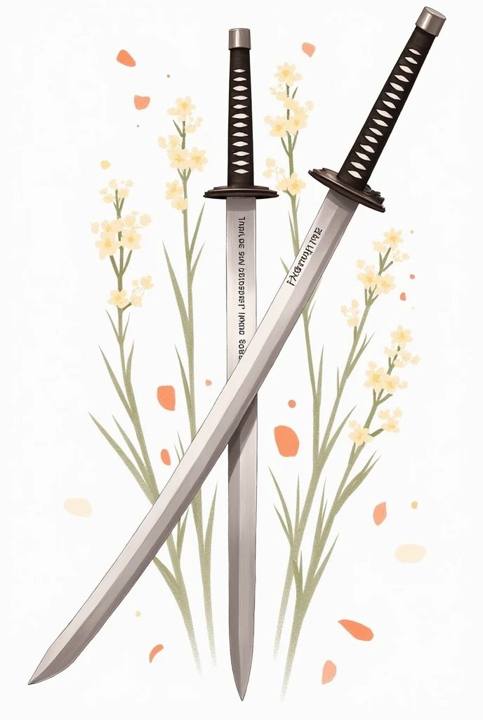 A drawing of a katana with a legend written on the blade of the sword, Valentina's values, Loyalty, love, force, freedom and with straight flowers and flying petals