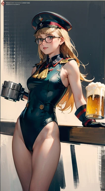 masterpiece, best quality, highres, 1girl, cammy white, twin braids, long hair, blonde hair, antenna hair, beret, (red headwear:1.3), blue eyes, scar on cheek, green leotard, large boob 36 DD, sleeveless, red gloves, fingerless gloves, camouflage,in a bar, ((drinking beer from a beer mug)), ((beer poster style)), cowboy shot, standing, outdoors, arms at sides, straight- A photorealistic portrait of a 3 American girl with long flowing blonde hair and striking blue eyes and wearing headphones. It should have a natural, approachable expression and be illuminated by soft, golden tones. hora de luz solar. The background should be a picturesque outdoor setting, talvez um parque ou praia ensolarado. Capture this image with a high-resolution photograph using an 85mm lens for a flattering perspective Drawing Lessons, beste-Qualit, Poses, Correct anatomy,Sketch Beech, Epic Poses, The clothes, pencil, Drawing,  Modest outfit, remote shot, detailed beautiful delicate face, detailed beautiful delicate eyes, perfect facial proportions, high-definition skin, fine skin, four-inch best ratio. With one thumb, a masterpiece, highly detailed, realistic, (World War II German general uniform reference : 1.8), the highest face resolution, adult, modestly dressed woman, dressed entirely, ( small, black hair, black straight bangs, super fine braids, straight bangs, red glasses, dark green eyes), future, science fiction, fighter plane, standing On the landing of a fighter plane, the government agency, a deep intelligent personality, a calm expression, a respectful face, a war, a fighter plane  (La mejor calidad:1.1), (Obra maestra:1.4), (absurdos:1.0), retrato, primer plano,1girl, Marinero Urano, KizukiAi, Mujer madura, small breasts, aqua eyes, cabello rubio, Uniforme Sailor Senshi, Collar de marinero, arco de pecho, Arco trasero, Falda suplicante, Guantes blancos de codo, Acostado boca abajo, en el suelo, con el trasero en alto, mostrando el culo de espaldas, without looking back beer beer