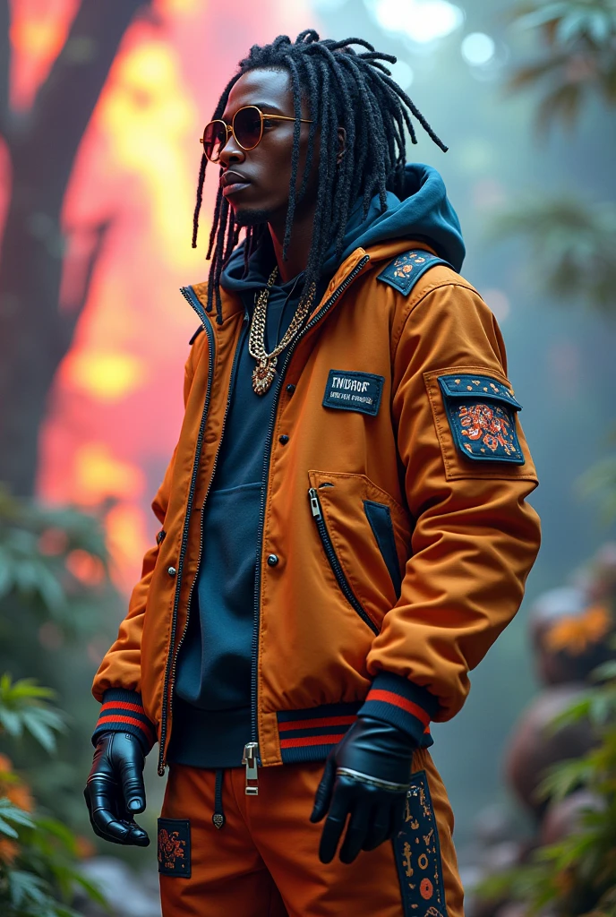 design a 3d quantum personified character. this character thick dreadlocks and dressed like 90s hip hop. setting exotic environment were potent cannabis strains colorfully grow wildly in this majical futuristic world. this character is trained in the art of sound warfare where he can turn vibration into energy blast and use frequencies to tear through the fabric of space.
