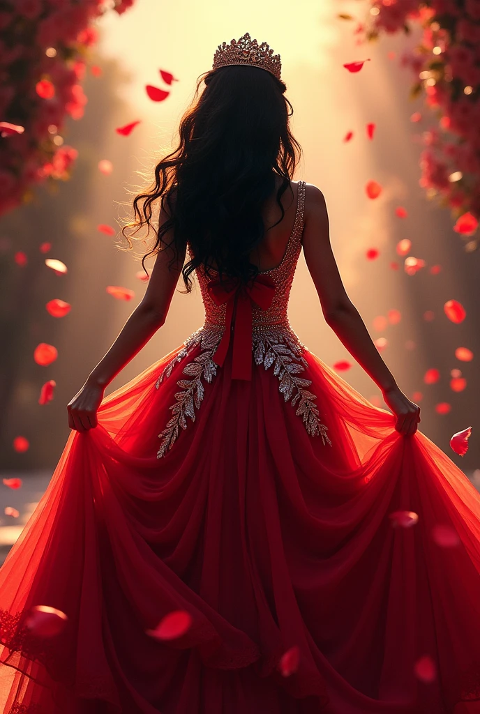 Quinceanera silhouette from behind, art style, With a silver red leafy dress, black hair down her back, loose with waves and a red bow, hands lifting the dress, throwing rose petals