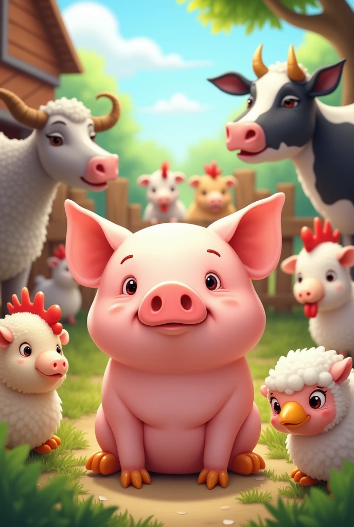 pink shy pig around cows, chickens goats and sheep.the picture should be colourful
