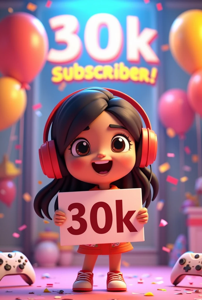 "Design a 3D image showcasing a vibrant and energetic celebration for Arpita Gaming27's milestone of 30K YouTube subscribers. The scene should feature a cute, animated girl character with a playful expression, wearing a gaming headset and holding a '30K' sign or banner. Surround her with dynamic elements like colorful confetti, balloons, and game controllers. The background should be bright and engaging, with a mix of gaming-themed decorations and a prominent display of the channel name 'Arpita Gaming27' in bold, eye-catching text."