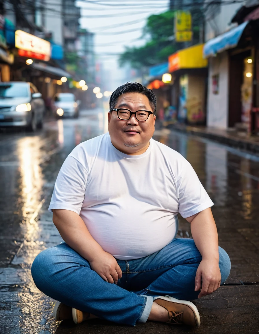 Man, Asian, 50 years old, Fat, Chubby, wearing glasses, wearing a thin white round neck t-shirt, wear jeans, sitting, by side the street, city, Wet, Raining, sharp image, beautiful lighting, Top view.
