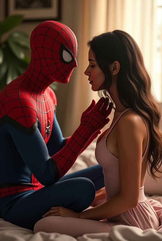 Spider-Man sitting behind a and combing her hair