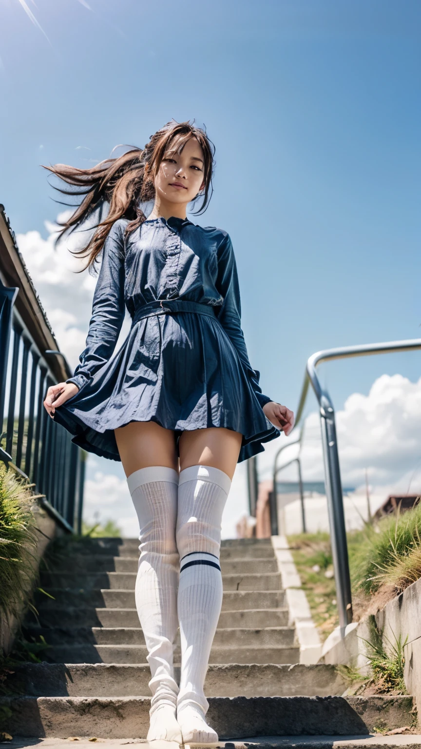 (Woman walking down the stairs:1.2、Squint your eyes and laugh)、((Wearing an A-line dress:1.4、(wearing over-the-knee socks:1.5)))、(View from the front、View from directly below)、(Realistic、Like a photograph、Live Action、8k, Realistic, RAW Photos, Best image quality: 1.4), Single-lens reflex camera、RAW Photos, Highest quality, Realistic, Highly detailed CG Unity 8k wallpaper, Written boundary depth, Cinematic Light, Lens flare, Ray Tracing, Realistic background、((ultra high density skin))、(whole body:1.5)、Long Hair 1.2、ponytail、Hair blowing in the wind:1.4)、I like that style、stylish、Very detailed、Pay attention to the details、Perfect outfit、(Sunburned skin)、Accurate hands、Accurate legs、Detailed hands and fingers、Anatomically correct body、Thin legs、Thin thighs、Small breasts、Very detailedな顔