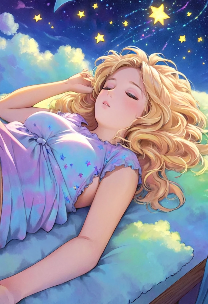 A fantasy masterpiece of a beautiful blonde woman with big messy hair, sleeping on a fluffy colorful cloud, above a small tranquil cityscape at night, colorful stardust, twinkling stars, glowing moon, fantasy art style,  cartoon vibrant, cute detailed digital art, colorful digital fantasy art, digital fantasy art ), glossy digital painting, pastel vibrant,