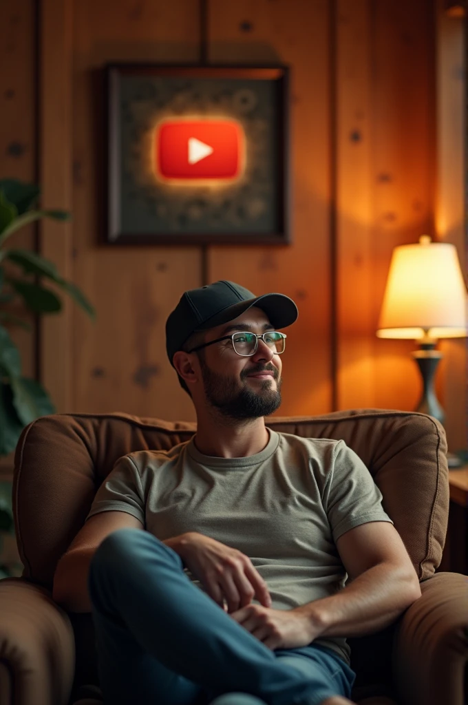 "A cozy room with warm, soft lighting and wooden walls. A man is sitting comfortably in a chair, wearing a cap on its head and glasses. Behind the bear, a YouTube Play Button award is hung up on the wall. The bear has a calm and thoughtful expression, creating a blend of modern and rustic elements in the inviting atmosphere of the room."