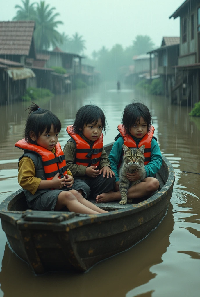 Flooded village and children Crying on the boat Wear a life jacket and held the cat in his lap The background elements are clear and realistic. There are many villages where the water is brown and there is clear rain. High profile 150k.