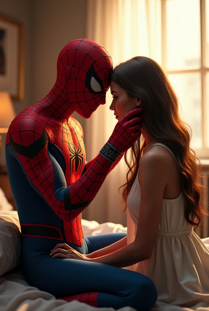 Spider-Man sitting behind a and combing her hair