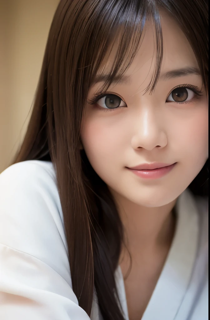 best quality, face focus, soft light, ultra high res, (photorealistic:1.4), RAW photo,(Shinozaki Ai), (fair skin), (kawaii),
1 Japanese girl, solo, cute, smile, (pupil, lights in the eyes),  detailed beautiful face, Medium-sized breasts,(high resolution detail of human skin texture),(long hair),(portrait), upper body, white traditional kimono, A face drawn large on the screen