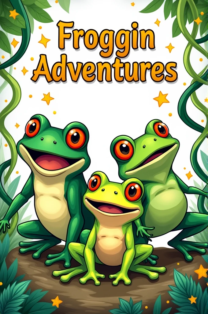 A whimsical Froggin Adventures coloring book cover on a pristine white background, rendered in crisp vector graphics with bold,black outlines, featuring a trio of adventurous frogs in various dynamic poses, each with unique facial features, bright, expressive eyes, and varying shades of green skin, surrounded by lush, curly vines and leaves in shades of emerald and lime, with the title "Froggin Adventures" emblazoned in bold, playful, cursive letters with a golden yellow hue, accompanied by a few colorful, scattered stars and subtle texture details, inviting children to explore and bring the magical world to life with their vibrant colors