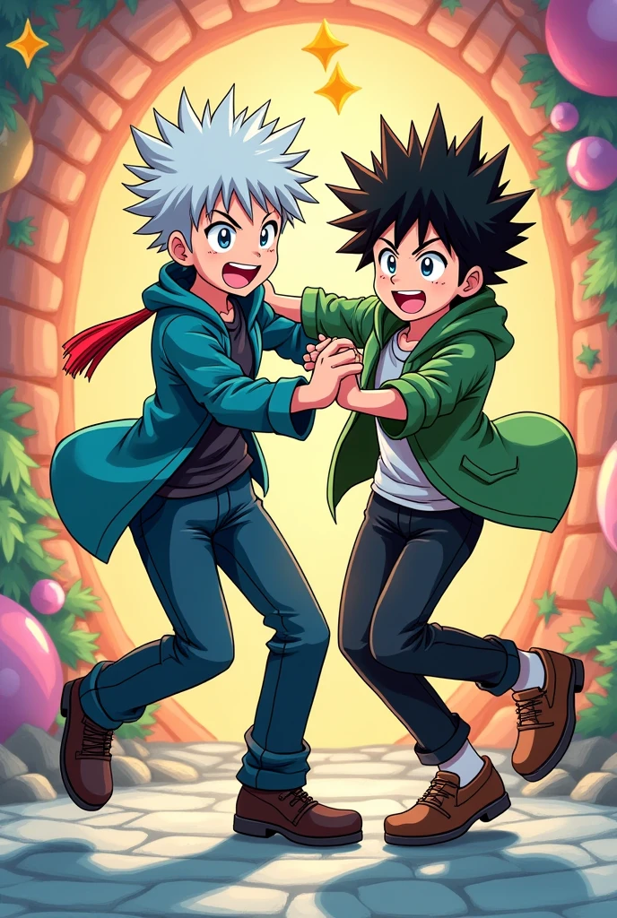 Killua and gon from hxh dancing, cartoon style