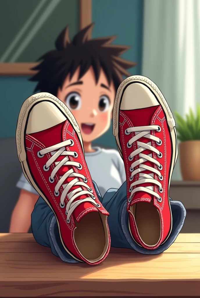 2D anime of boy lifting his feet on table, red Converse sneakers wrinkled soles,