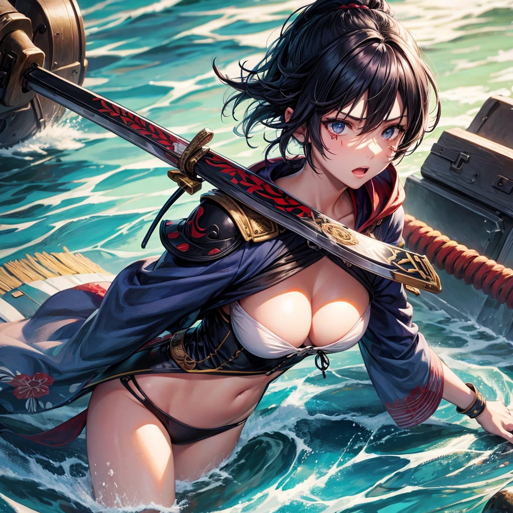 A 20-year-old woman,defined body,Samurai,messy dark blue hair,skin fair,left eye patch,roupas Samurais longas,holding a longsword,water powers 