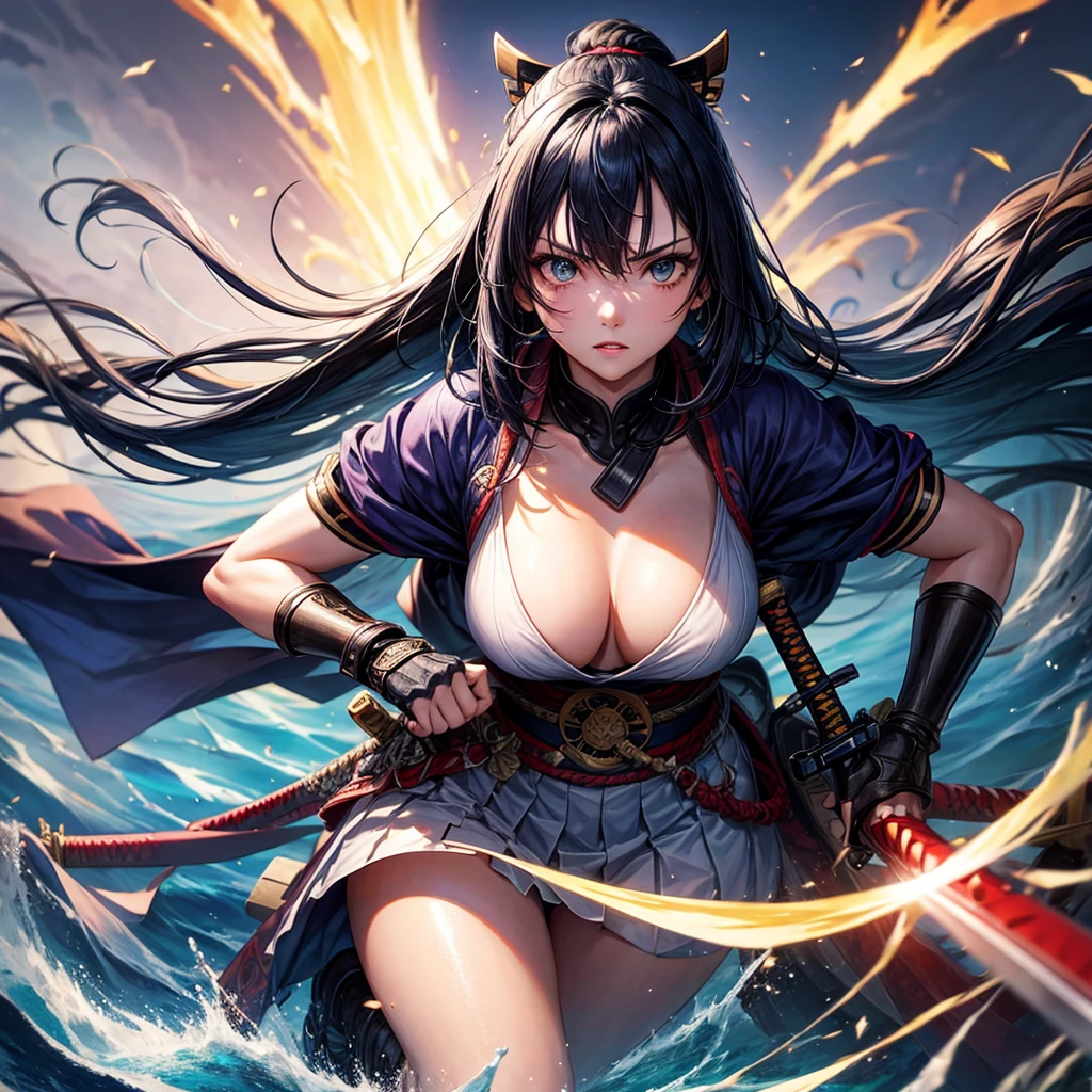 A 20-year-old woman,defined body,Samurai,messy dark blue hair,skin fair,left eye patch,roupas Samurais longas,holding a longsword,water powers