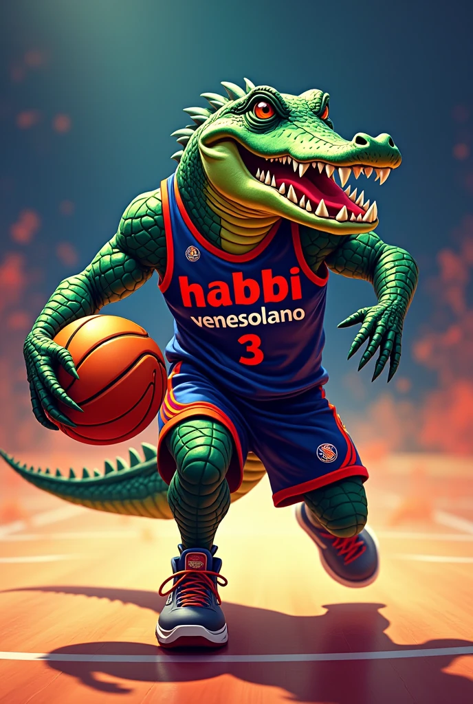 A logo of a crocodile playing basketball with a shirt with the name habibivenezolano 
