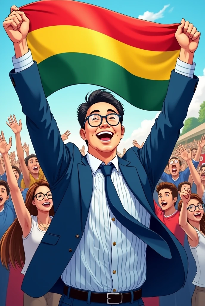 (40 year old Korean man with cheerful eyes wearing glasses wearing a blue suit and a white striped shirt and tie. Where he is holding a Bolivian flag without the logo just red yellow and green without the flag logo just red yellow and green just red yellow and green. Create it in anime form with people who cheer for it and love it