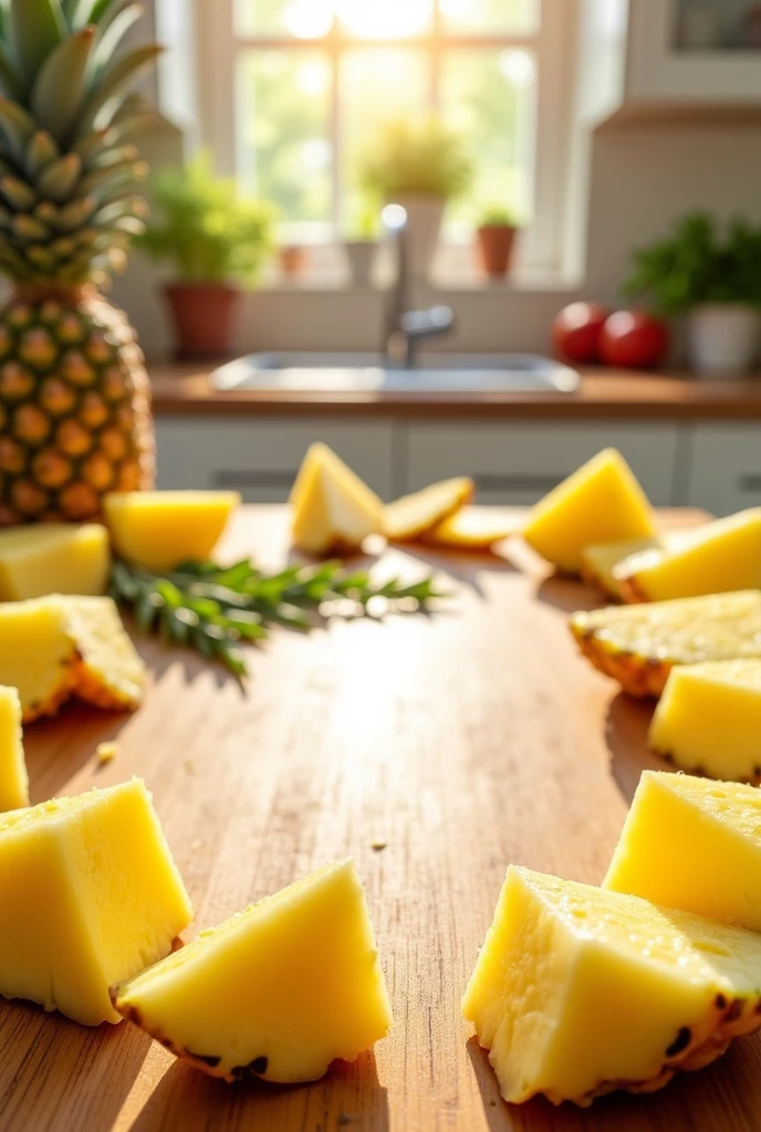 chopped pineapple pieces on a table placed around the entire photo frame leaving space in the center, with reflections of sunlight entering the kitchen