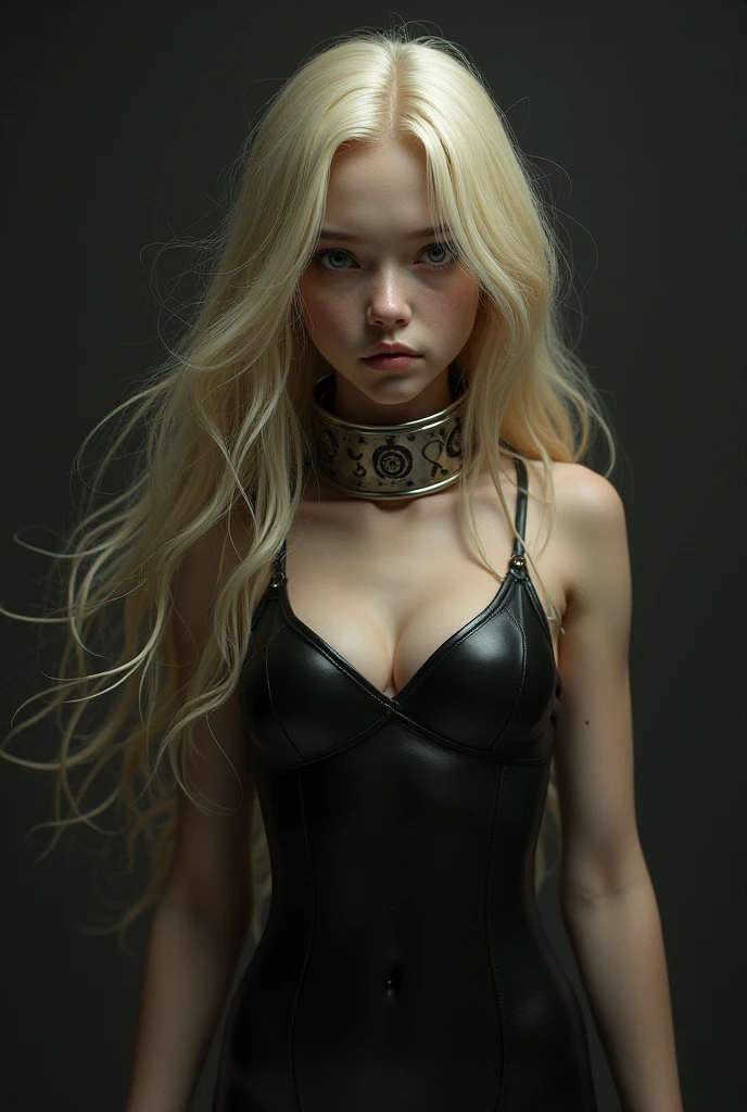  blonde long hair slim wearing latex leggings and metal collar submissive