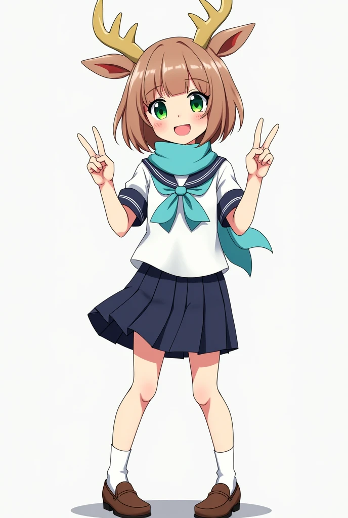 A young anime girl with short, light brown hair styled in a bob cut. She has large, expressive green eyes and a cheerful expression, with her mouth slightly open in a smile. She wears a traditional Japanese school uniform consisting of a white sailor-style blouse with a light blue scarf tied at the neck and a dark blue pleated skirt. The character also has a unique feature—large, light brown antlers that extend from the sides of her head. She is standing with her legs slightly apart, wearing knee-high white socks and brown loafers. Her pose is playful, with both hands raised, forming a 'peace' sign with her fingers
