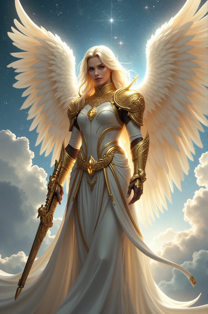 a celestial warrior with white wings and golden and white armor. The character has a serene and noble appearance, with angelic details and a custom rifle in gold and white.