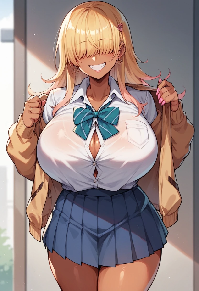 blonde, darkskin, gyaru, sly smile, huge breasts, school clothes, school uniform, bangs over eyes