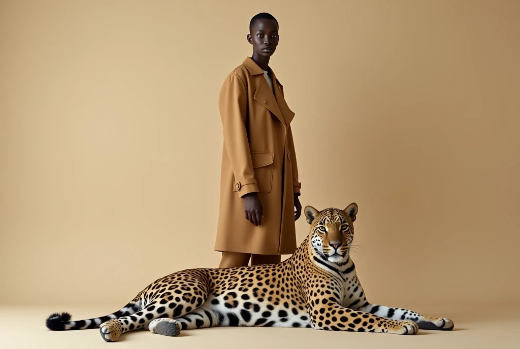 A hyper-realistic high-resolution photograph of a Balenciaga model standing straight against a smooth beige background, with a leopard lying gracefully at the model’s feet. The model’s face is detailed with lifelike skin textures and sharp features, maintaining a neutral expression. The leopard is relaxed, its fur displaying intricate, realistic patterns as it lies close to the model’s feet. The lighting is editorial-style, with soft yet defined shadows, enhancing the minimalist and elegant atmosphere. The composition emphasizes the contrast between the model’s poised stance and the calm presence of the wild leopard. --ar 2:3 --style raw --stylize 200 --v 6.1