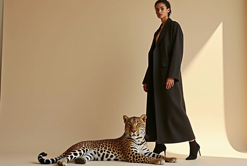 A hyper-realistic high-resolution photograph of a Balenciaga model standing straight against a smooth beige background, with a leopard lying gracefully at the model’s feet. The model’s face is detailed with lifelike skin textures and sharp features, maintaining a neutral expression. The leopard is relaxed, its fur displaying intricate, realistic patterns as it lies close to the model’s feet. The lighting is editorial-style, with soft yet defined shadows, enhancing the minimalist and elegant atmosphere. The composition emphasizes the contrast between the model’s poised stance and the calm presence of the wild leopard. --ar 2:3 --style raw --stylize 200 --v 6.1