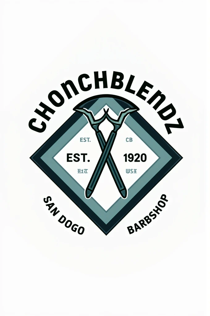 Create a flat vector, illustrative-style emblem logo design for a San Diego barber 'ChonchBlendz' established in 2020 , featuring a modern straight razors crossed in the center of the company name. Use neon green, blue, grey and black colors to convey trust, premium service and a luxury experience against a white background.