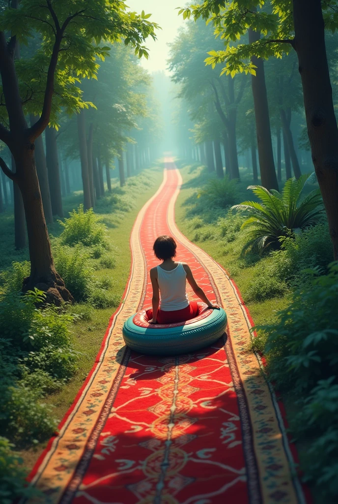 Person sliding on a colorful tire, on a very long rug, dry without water, with an interesting slope, around him a forest