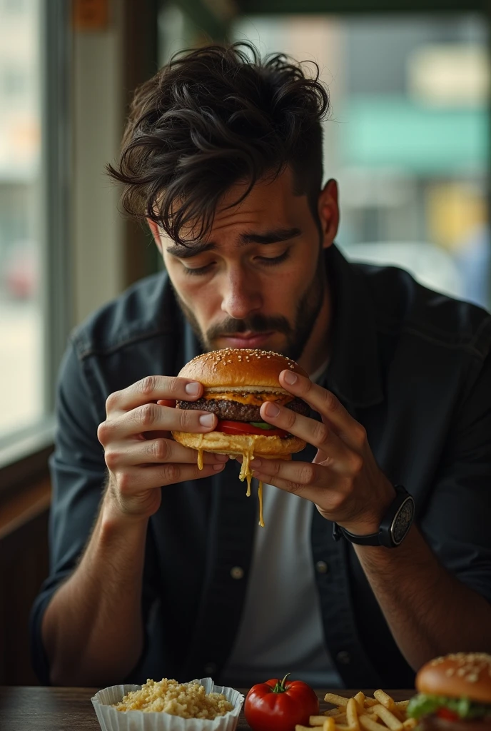 Man 30 years old, thin build, eating burger alone,