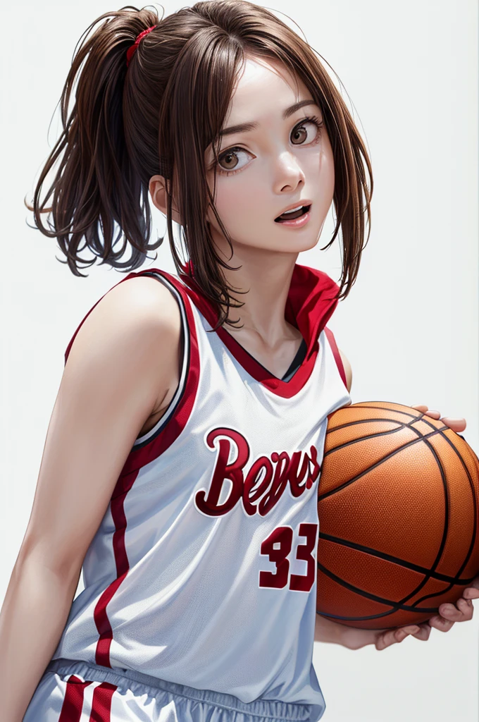 (((Frame In、Pure white wall background、Highest quality、8k、32K、masterpiece)))、(Realistic)、(Realistic:1.2)、(High resolution)、Very detailed、Very beautiful face and eyes、1 person、Round and small face、Tight waist、Delicate body、(close、Highest quality、Attention to detail、Rich skin detail)、(Highest quality、8k、Oil paints:1.2)、Very detailed、(Realistic、Realistic:1.37)、Bright colors、(((Brown Hair)))、(((Brown Hair)))、(((Cowboy Shot)))、(((Bob Hair)))、(((Pure white wall background)))、(((Wearing a basketball uniform)))、(((red basketball outfit)))、(((Surprised face)))、(((1 female)))、(((Tank top style uniform)))、
