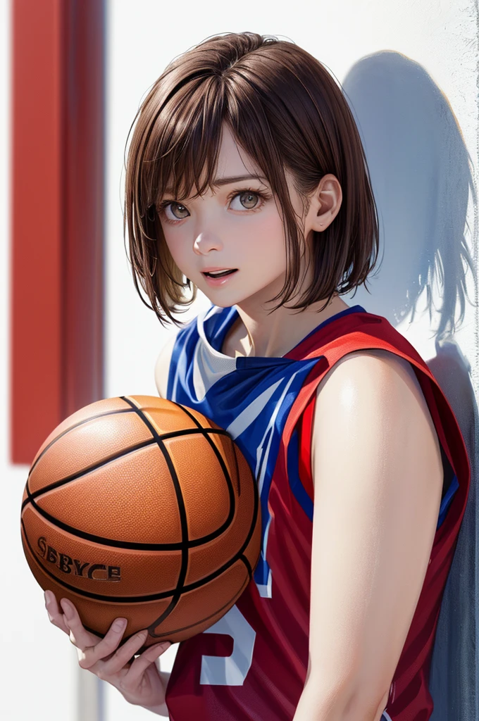 (((Frame In、Pure white wall background、Highest quality、8k、32K、masterpiece)))、(Realistic)、(Realistic:1.2)、(High resolution)、Very detailed、Very beautiful face and eyes、1 person、Round and small face、Tight waist、Delicate body、(close、Highest quality、Attention to detail、Rich skin detail)、(Highest quality、8k、Oil paints:1.2)、Very detailed、(Realistic、Realistic:1.37)、Bright colors、(((Brown Hair)))、(((Brown Hair)))、(((Cowboy Shot)))、(((Bob Hair)))、(((Pure white wall background)))、(((Wearing a basketball uniform)))、(((red basketball outfit)))、(((Surprised face)))、(((1 female)))、(((Tank top style uniform)))、