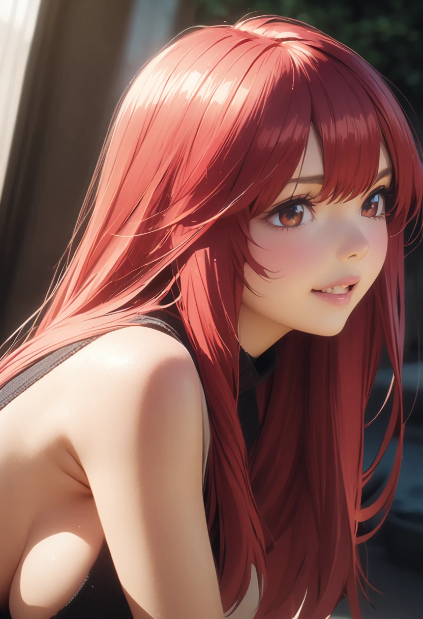 (Highest quality、4K、8k、High resolution、masterpiece:1.2)、Very detailed、Picturesque、Animated Photography、Photo Animation:1.37)、、Japanese women、red hair、long hair、stars ornament、mile、Large Breasts、Leaning forward、(Backless)High-neck sleeveless knit dress、(((side boob)))、Put your arms behind your head、(((from side)))