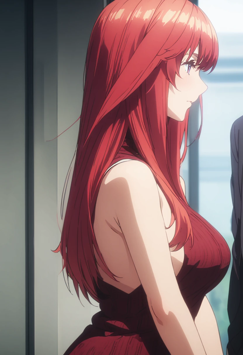 Red hair,wide hips,fully naked, massive hips,very wet body,arms crossed, bathroom, showering, glass walls, big cleavage,very nsfw,Igawa_Asagi, hugged by black a man(faceless),has a big cock,kissing, touching each other.