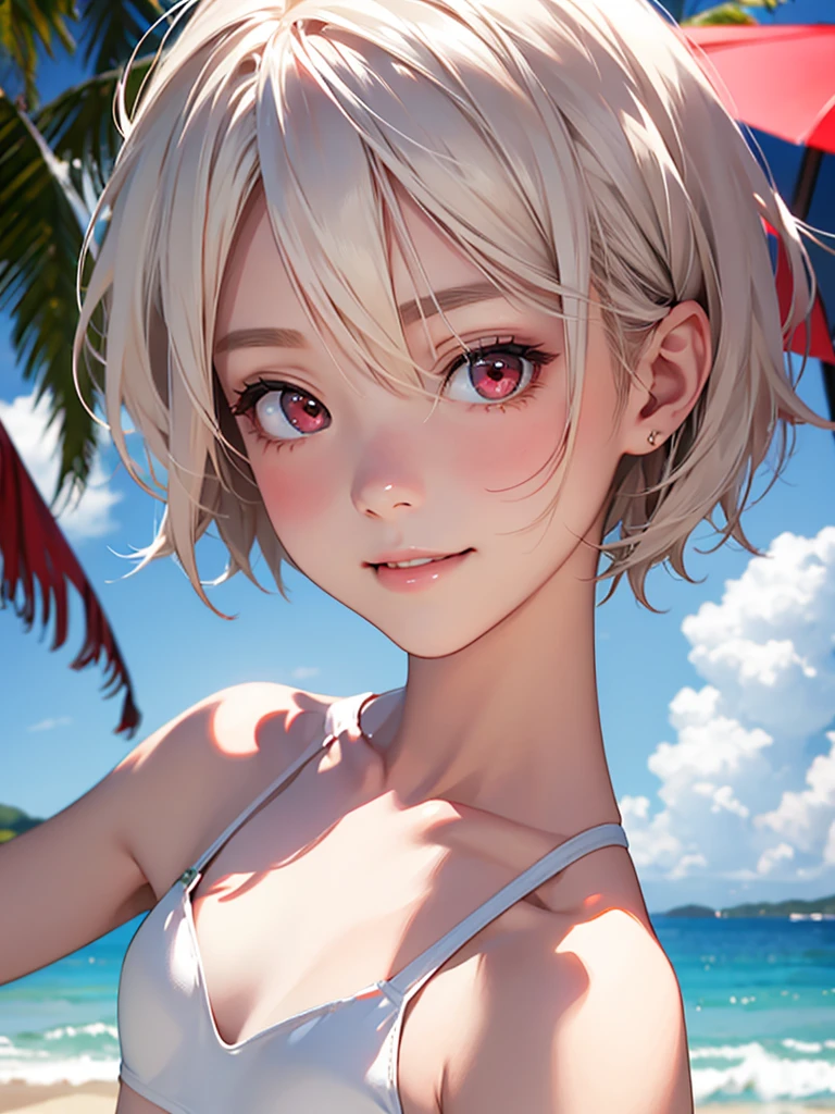 highest quality、Realistic、Women、Japanese、zoom、look up、cute、smile、Ocean、Red eyes、Platinum Blonde Hair、Very Short Hair、White Swimwear、sunglasses、Face close-up、slender、Small breasts