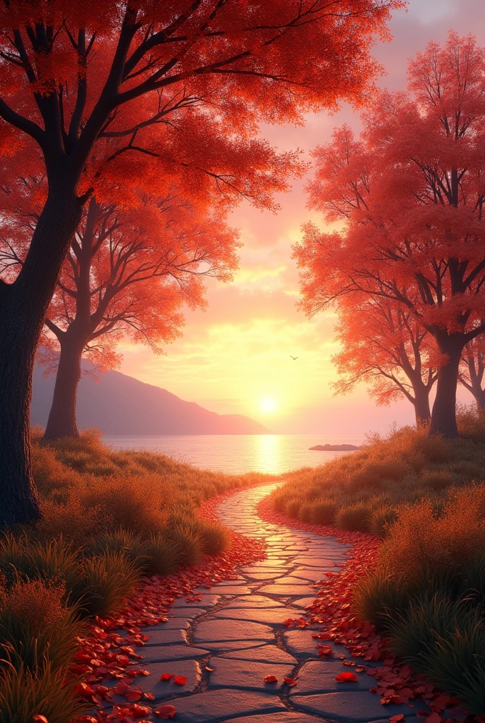 Sunny autumn afternoon, Red Sky, trees, path with leaves,perspective, background sea, light reflections, calm, light breeze, (better, 4k, 8k, High resolution, masterpiece: 1.2), ultra detailed, (realist, fotorrealist, fotorrealist: 1.37), natural lighting, vibrant colors
