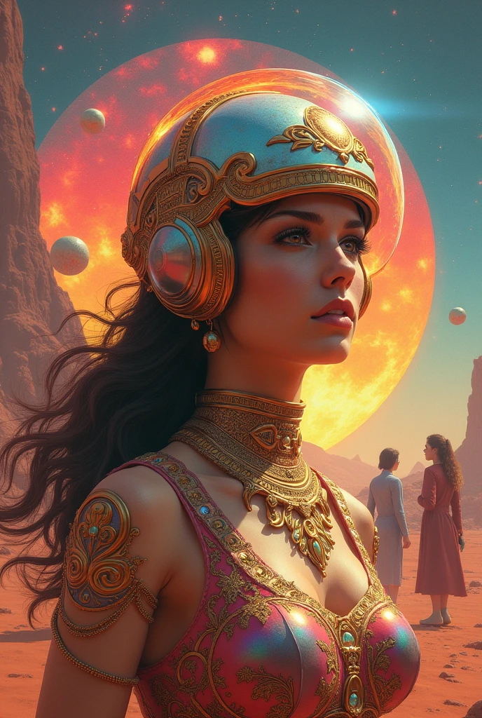 Arafed image of a woman wearing a helmet surrounded by other people., esteban hickman, beautiful retro art, attacks on mars, golden lotus princess, featured at cgsociety, cosmic apocalypse, persian queen, Kirill Leonov, by Jason A.. English, barbarella