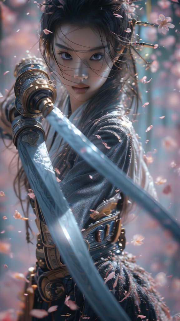 leogirl, Jisoo Blackpink, seductive leaning forward detailed skin, ultra realistic 8k cg, picture-perfect face, flawless, clean, masterpiece, professional artwork, famous artwork, cinematic lighting, cinematic bloom,((black hair)),(1girl,  beautiful korean girl),perfect face, (young:1.1),((fit figure)),((2)), beautiful face, beautiful blue eyes,detail eyes, detail face, (((perfect female body, narrow waist))),(large breasts:1.3)lora:GoodHands-beta2:1>, , ((girl standing)),upper body,blade to side,strike pose,blade down,blade right hand,, cherry blossoms,, (masterpiece, best quality, high quality, highres, ultra-detailed), 